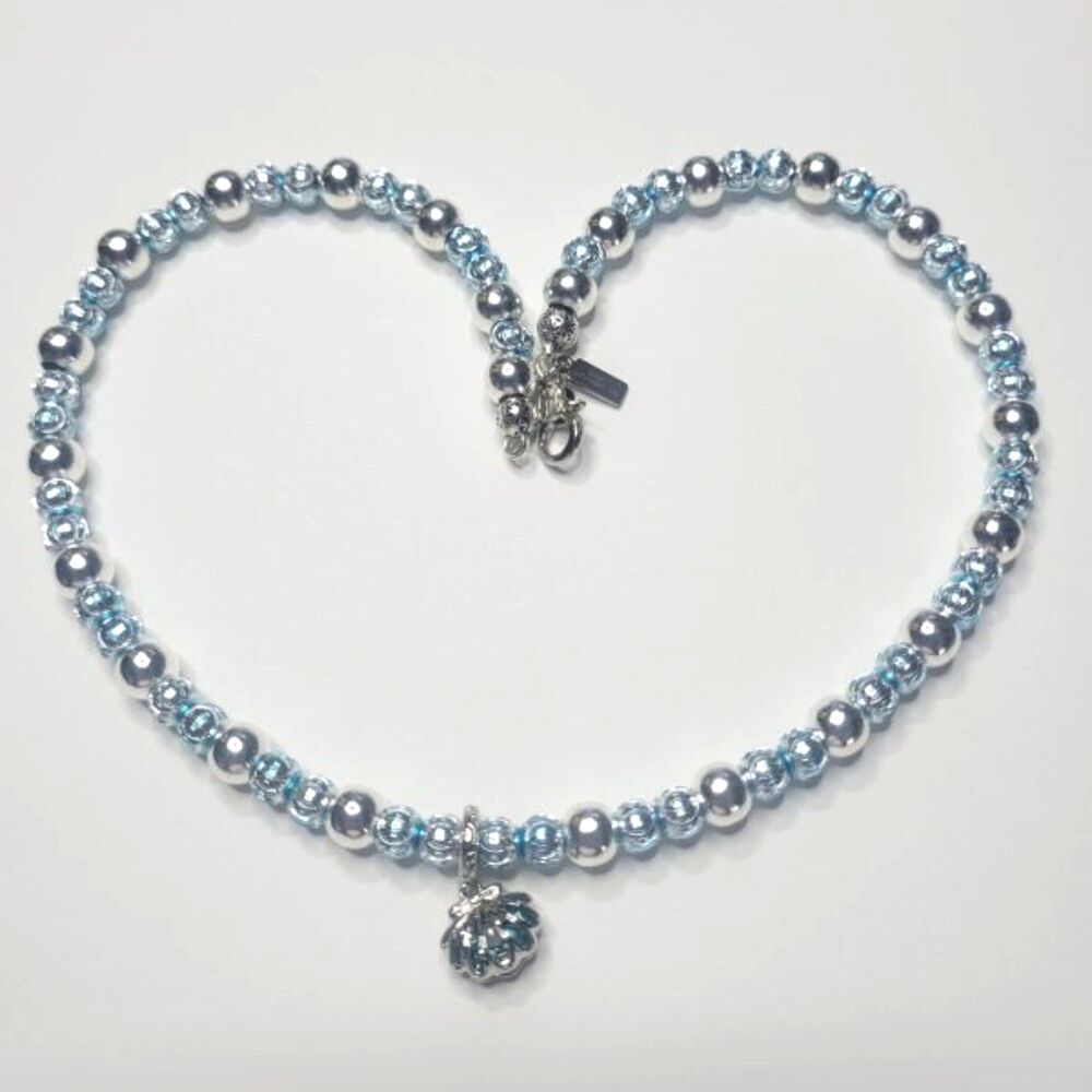 One Of A Kind Necklace Aqua Blue Laser Cut Silver Aluminum Clamshell Pearl Opens